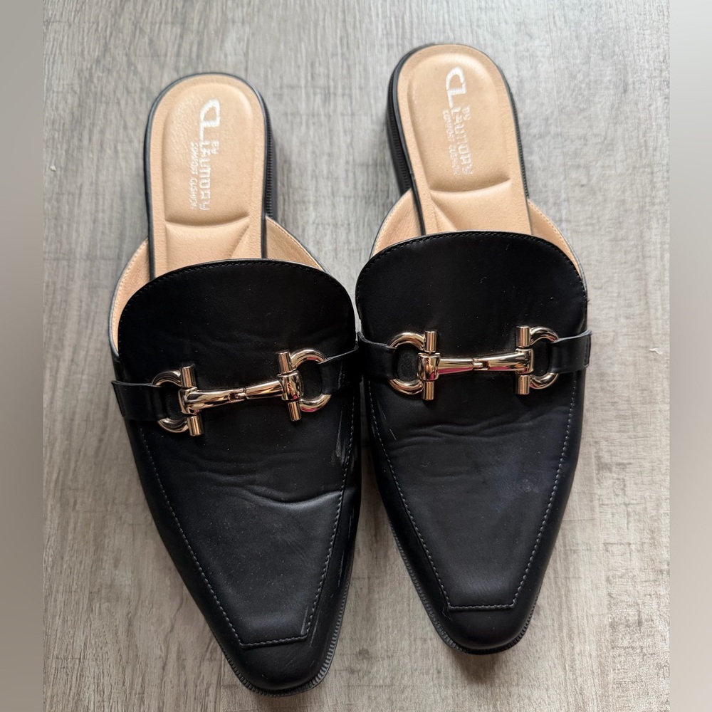 CL by Laundry Black Mules with Gold Snaffle Bit Accent